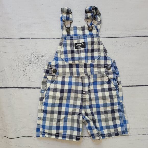 Oshkosh B'Gosh	 Size 12m Classic Plaid Blue and White Shortall Overalls - Picture 1 of 6